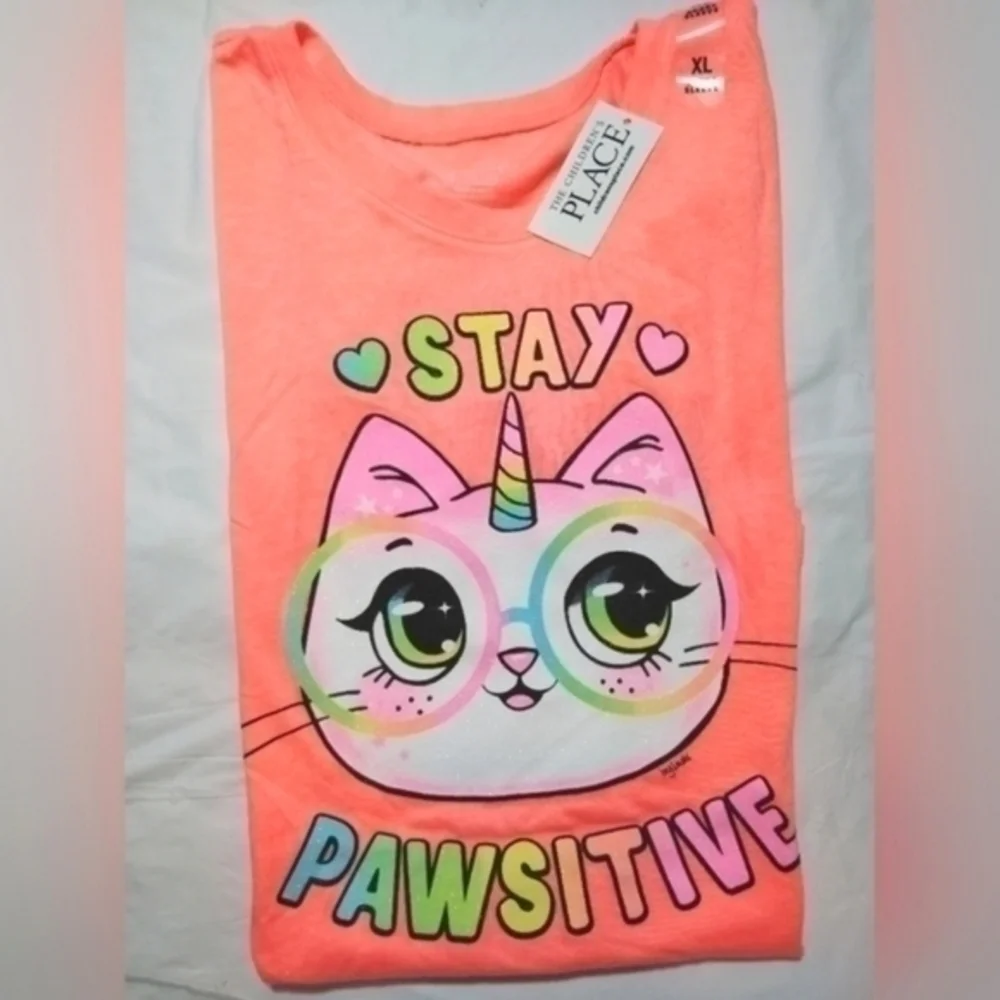 The Children's Place Rainbow Stay Pawsitive Kitty Short Sleeve Shirt- 14/16